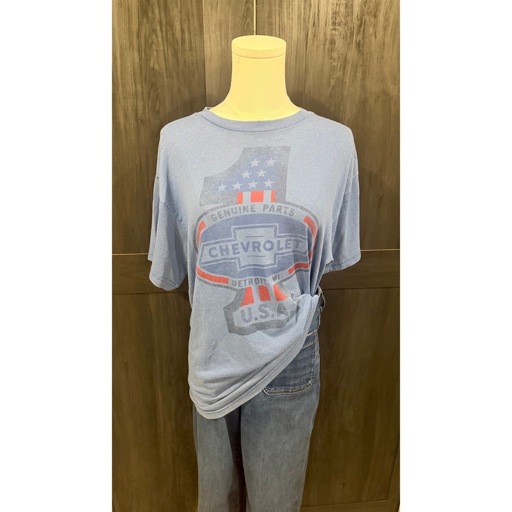 Vintage Chevrolet Graphic Tee Detroit MI USA Blue Distressed Soft Cotton‎ L